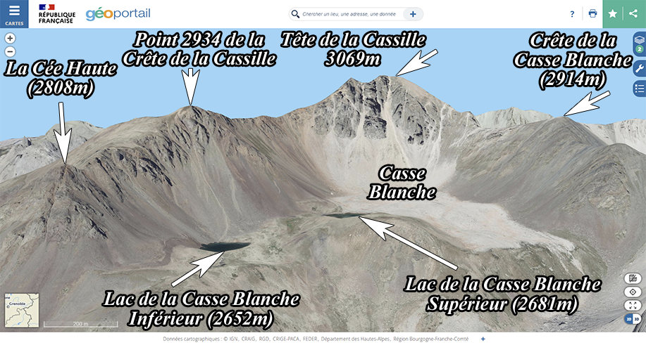 Cirque de la Casse Blanche (vers 2660m)
(Brianonnais, Hautes-Alpes)
d'aprs Goportail